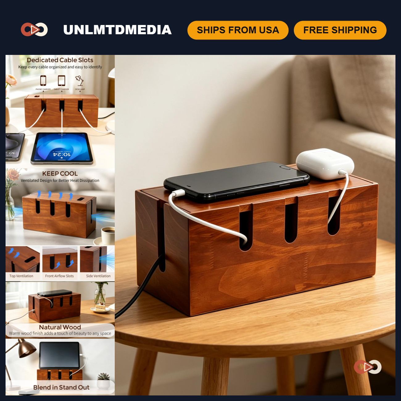 Wooden Cable Management Box - Power Strip Organizer with 5 Cord Hiding Slots