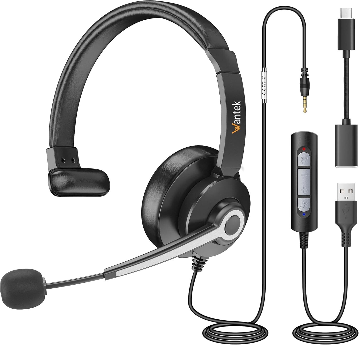 Wantek Wired Earphone 3.5mm/USB with Noise Cancelling Mic Call Center Headset