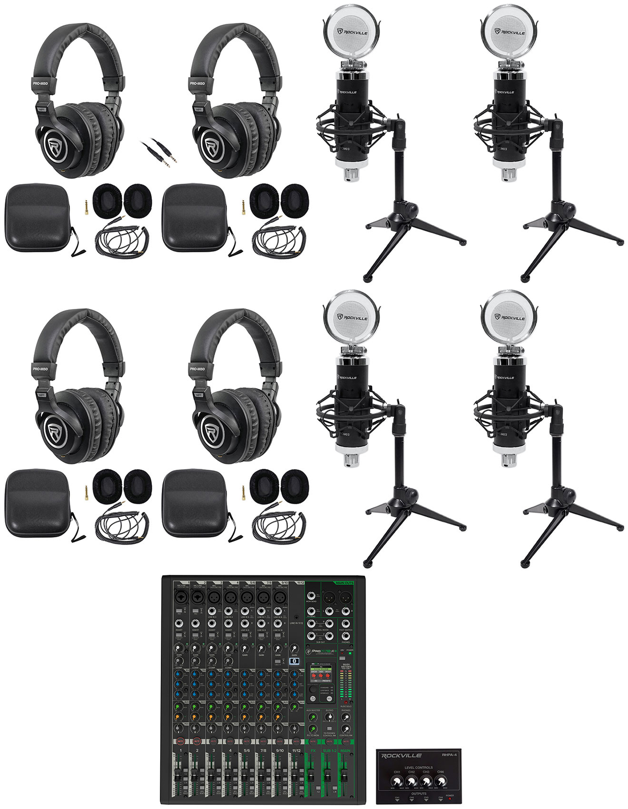 4-Person Podcast Podcasting Recording Kit w/Mackie ProFX12 v3+ Mixer+Desk Stands