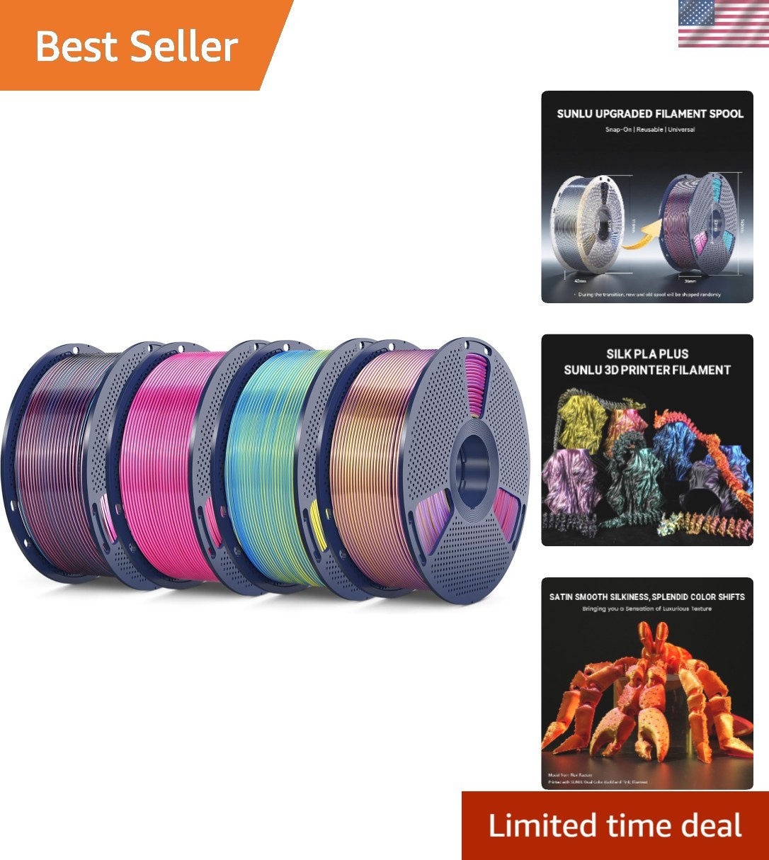 4KG Quadruple Color Silk Filament, Silk PLA 3D Printer Filament 1.75mm, Dimen...