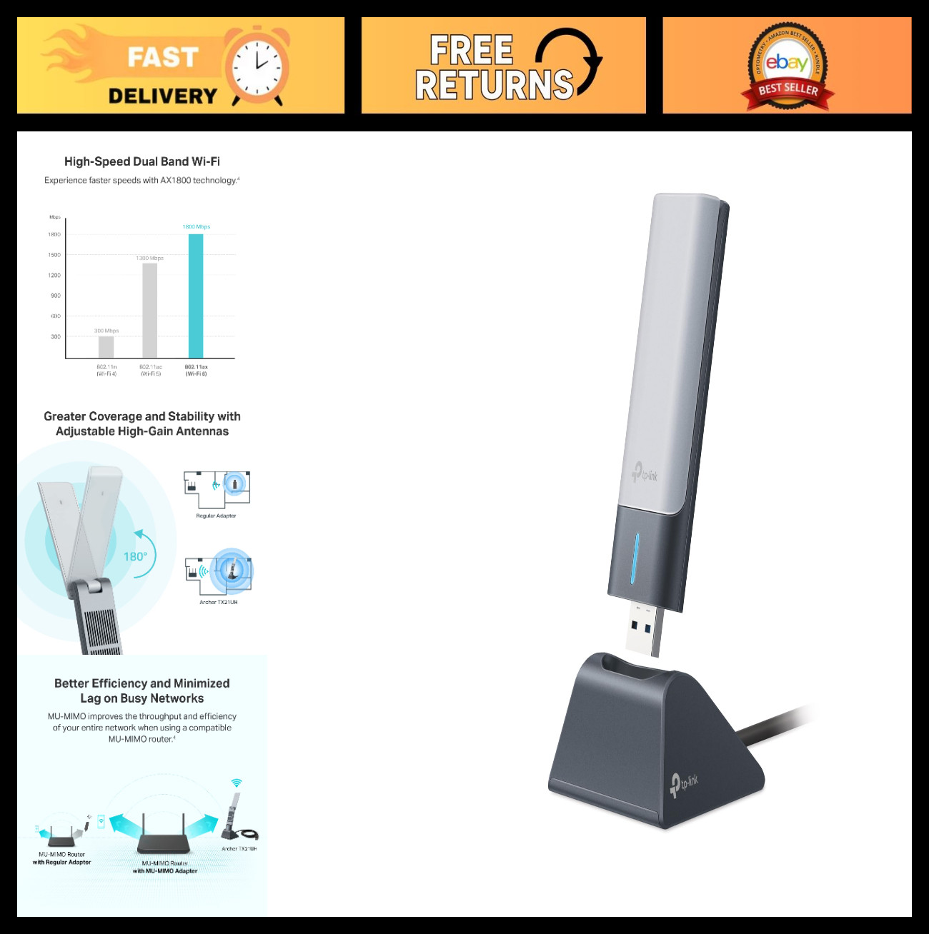 AX1800 USB WiFi 6 Adapter for Desktop PC, High Gain PC WiFi Adapter