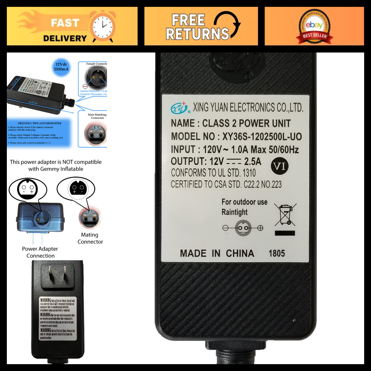 12V DC 2.5A Power Supply Adapter for Inflatable Devices - ETL Listed, Safe & Rel