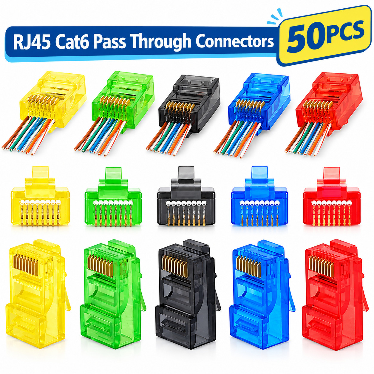 50PCS RJ45 Cat6 Pass Through Connectors Ethernet Cable Crimp Plug Clear Colorful