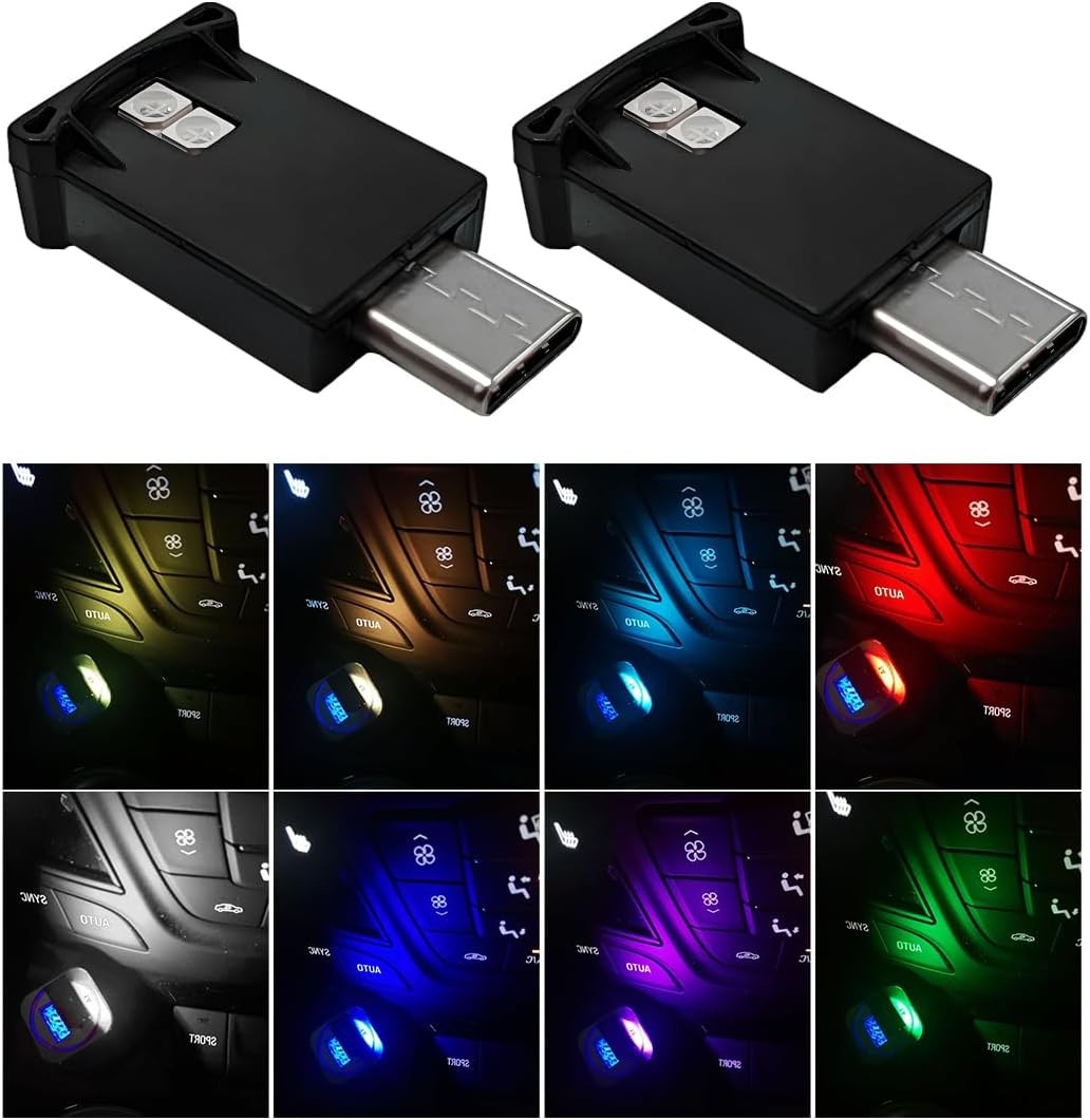 2PCS USB-C LED Car Ambient Lights, 8-Color RGB Night Lamp with Adjustable Bright