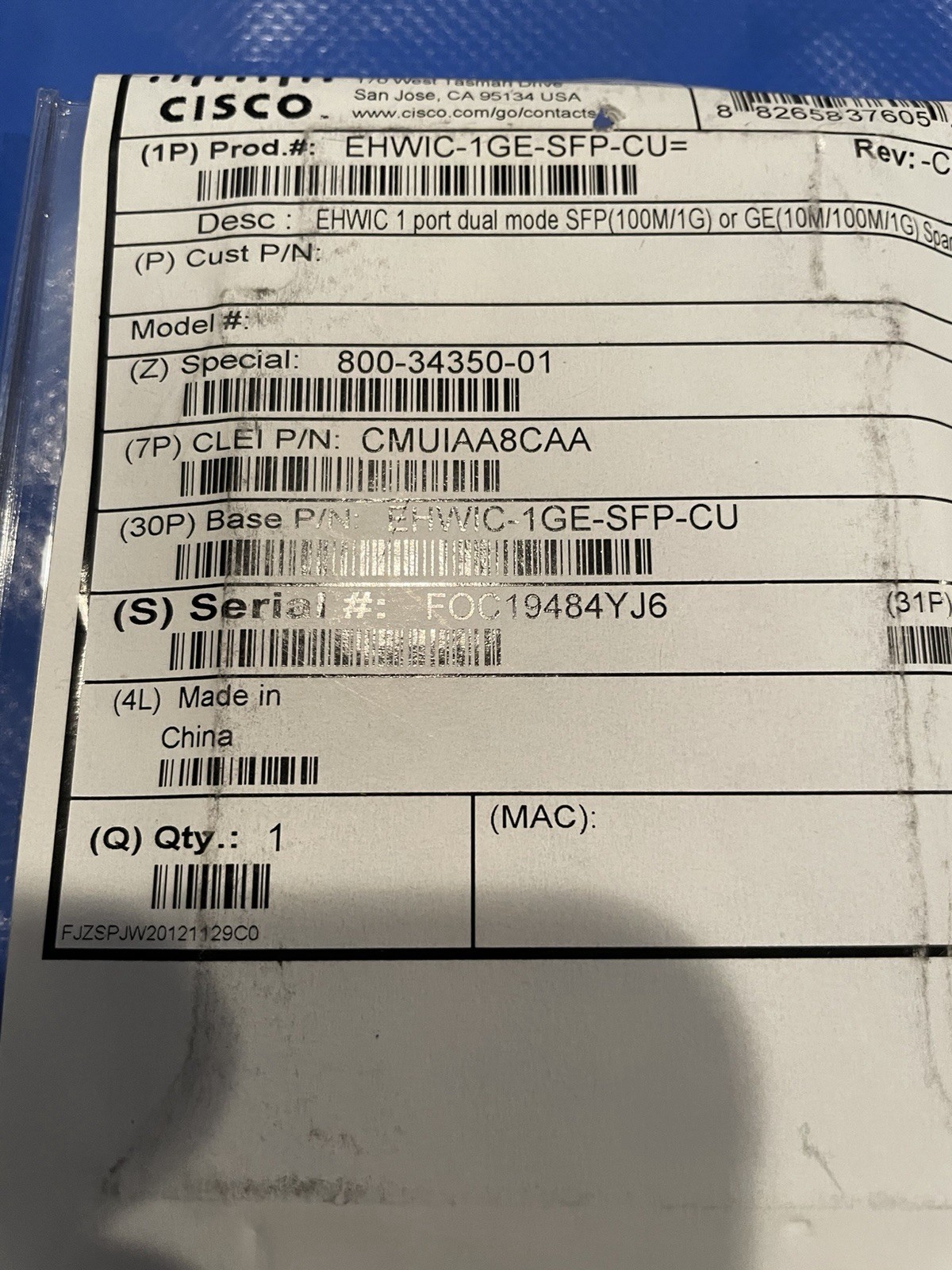 Cisco EHWIC-1GE-SFP-CU Enhanced High-Speed Interface Card Gigabit Ethernet