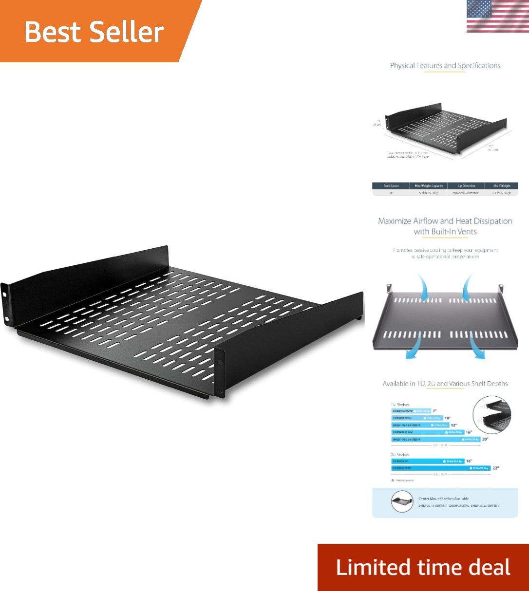 16" Deep 2U Cantilever Shelf for Server Racks - Durable Alloy Steel Construction