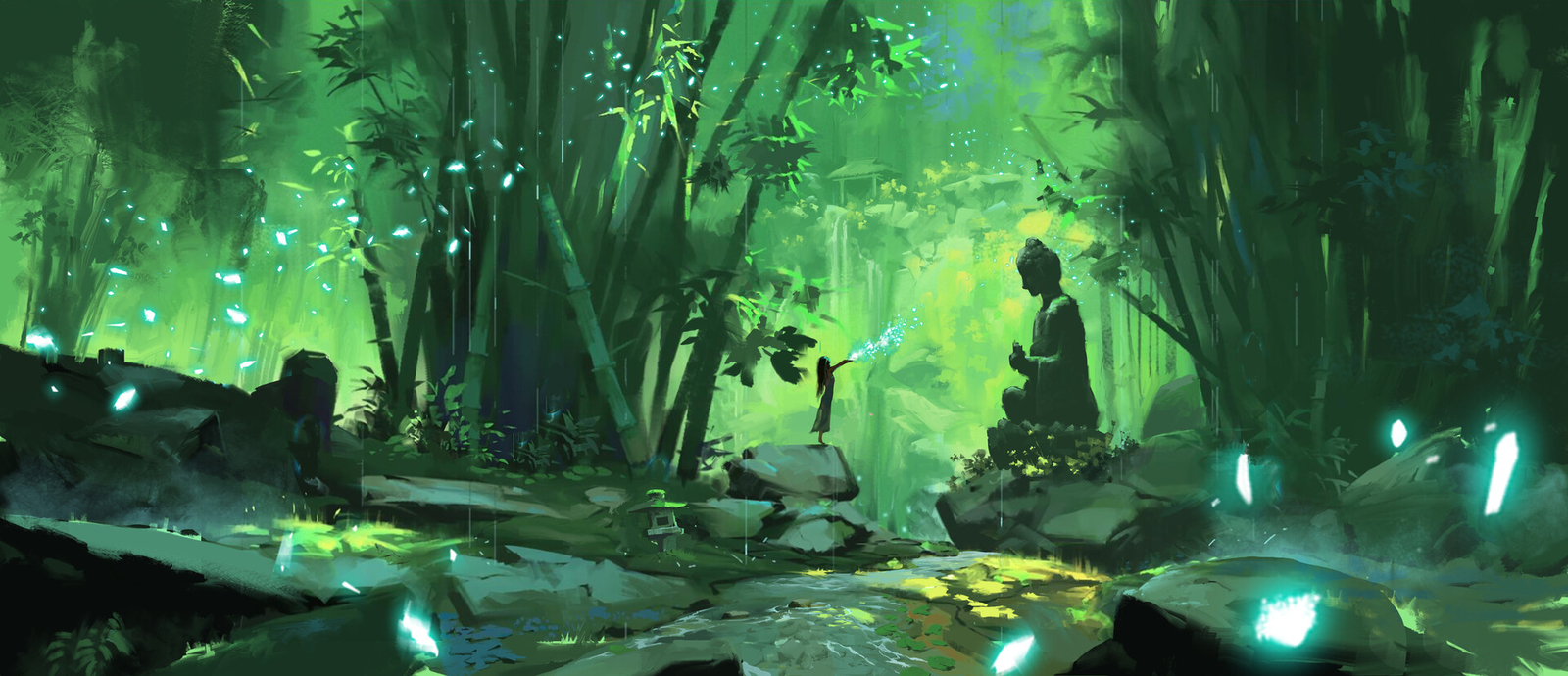 Landscape aze k art forest bamboo statue asian Custom Gaming Mat Desk