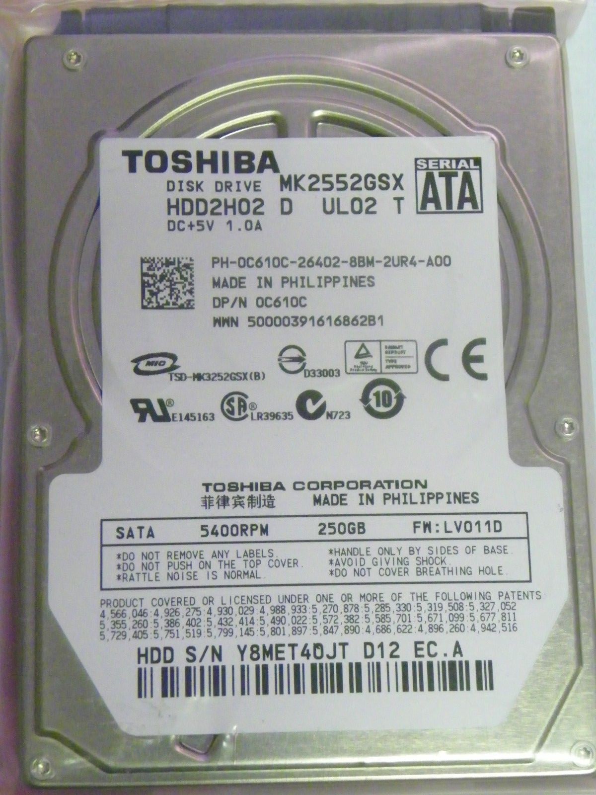 Toshiba MK2552GSX (HDD2H02 D UL02 T) FW:LV011D Laptop 250GB 2.5" SATA HDD C610C