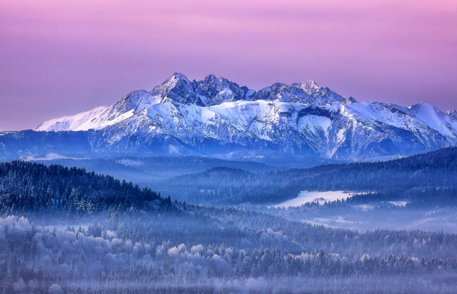 Landscape nature mountains winter pink sky forest mist Custom Gaming Mat Desk