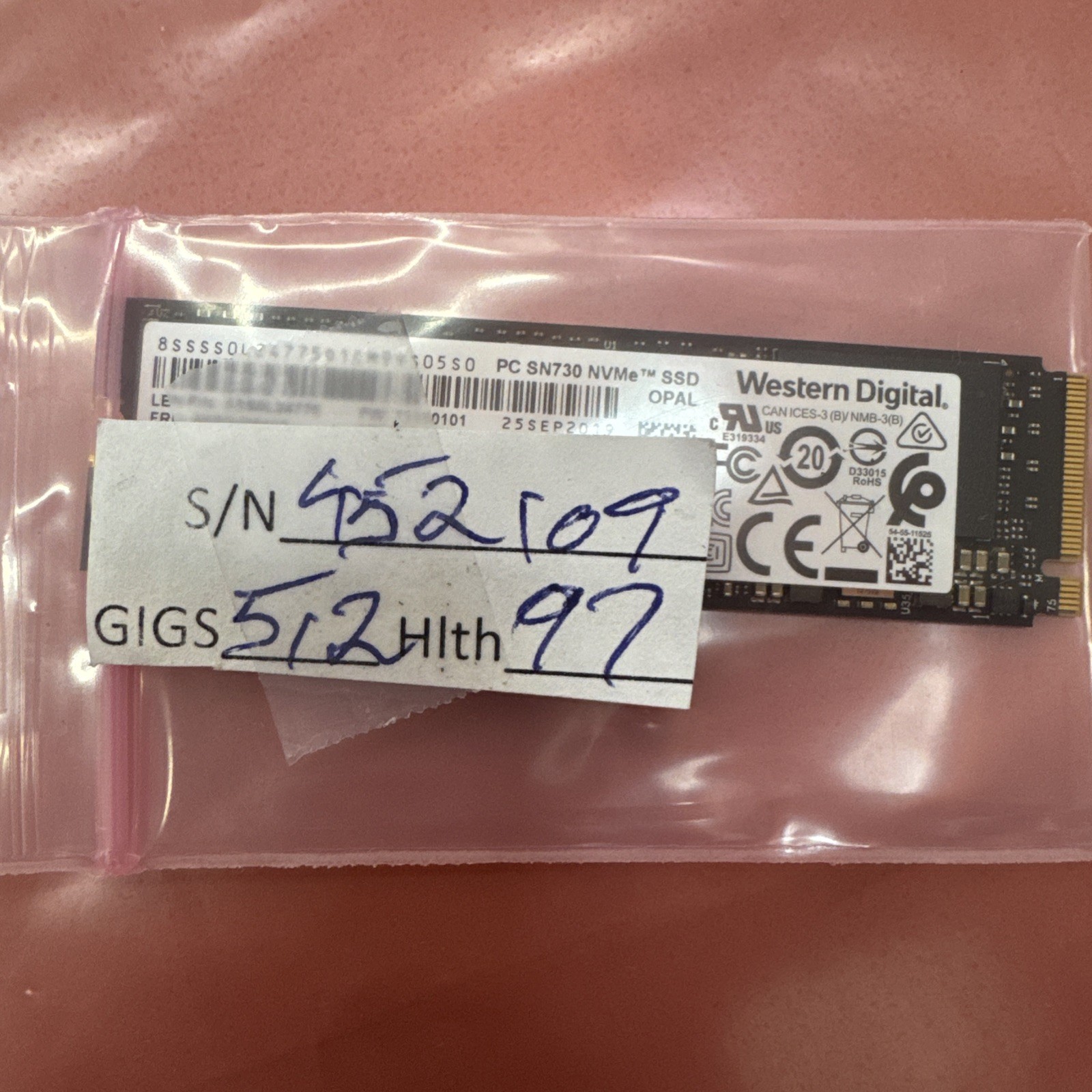 Western Digital PC SN720 512GB M.2 2280 NVMe Internal SSD OPAL, 97% Health