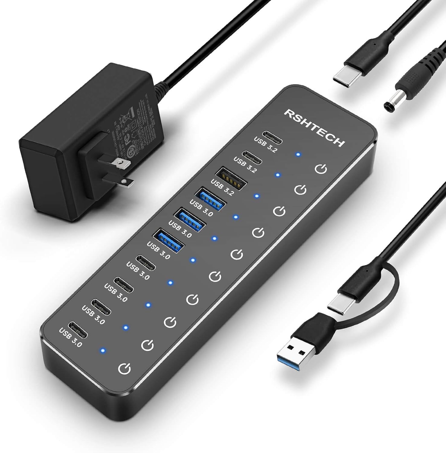 10 Ports Powered USB 3.2/USB C Hub Splitter 60W with 3 x 10Gbps USB 3.2 Ports (2