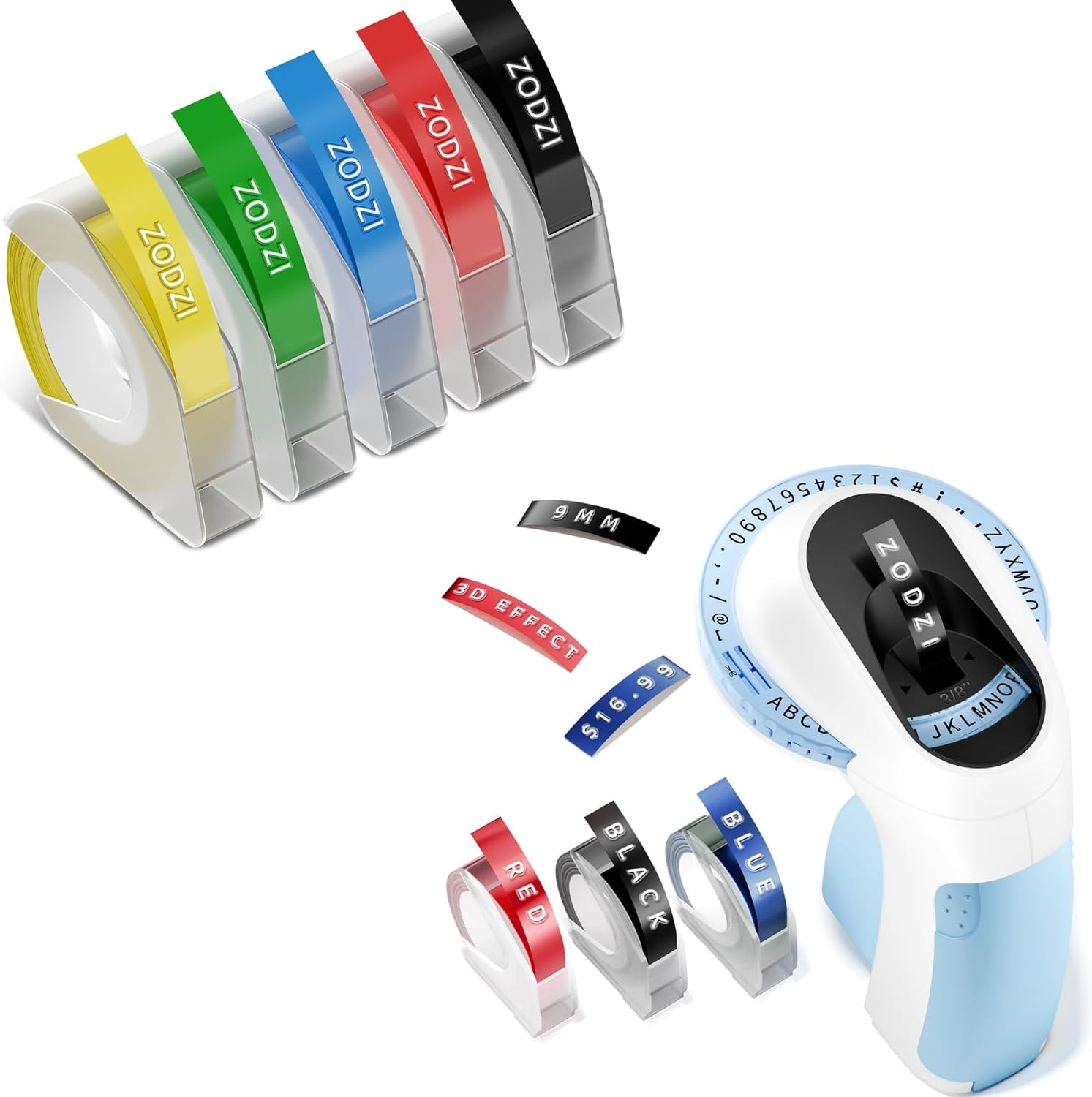 Blue Embossing Label Maker Machine with 8 Rolls Multi-Color 3D Tapes Set