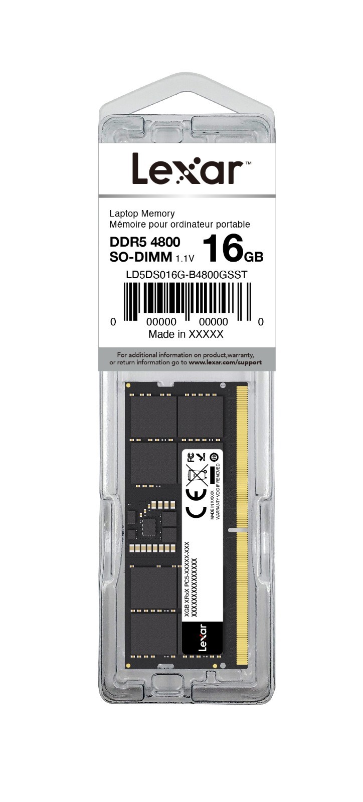 Lexar SODIMM 16GB DDR5 4800Mhz 262pin CL46 1.1V Blister Pac LD5DS016G-B4800GSST