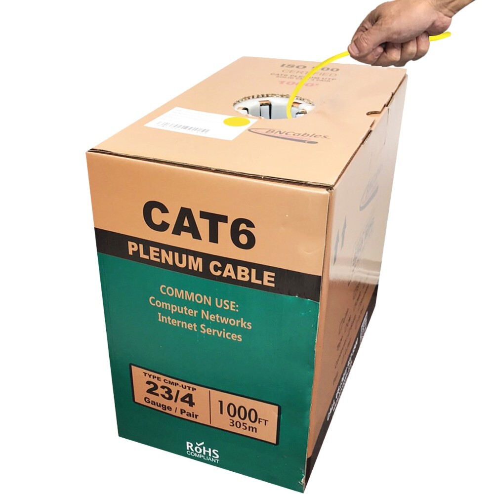 BN CABLES CAT6 PLENUM UTP 100% PURE COPPER CMP, 550Mhz 23AWG 1000FT CABLE YELLOW