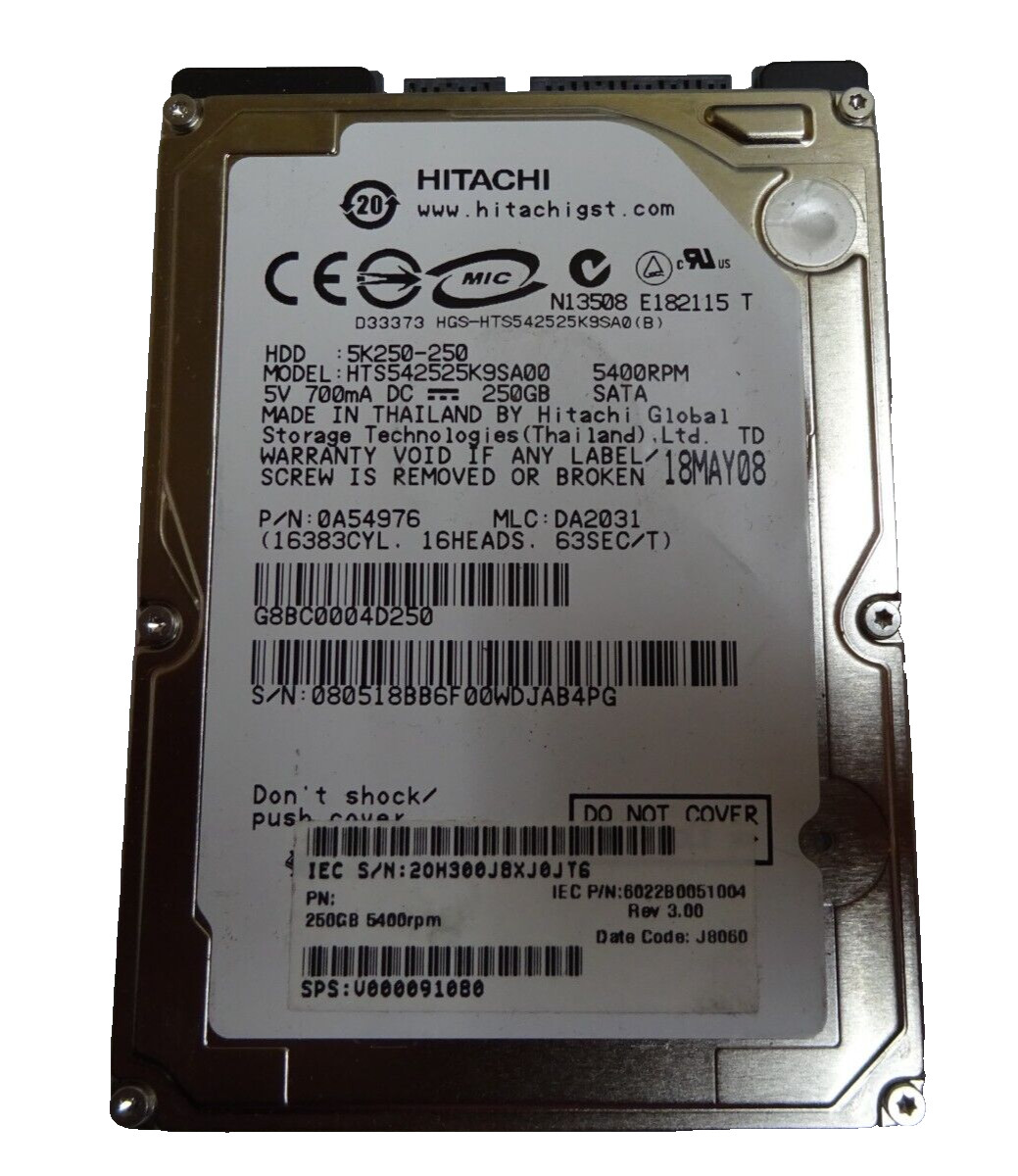 250GB SATA NOTEBOOK HDD HITACHI HTS542525K9SA00 SN:080518BB6F00WDJAB4PG #NFP998