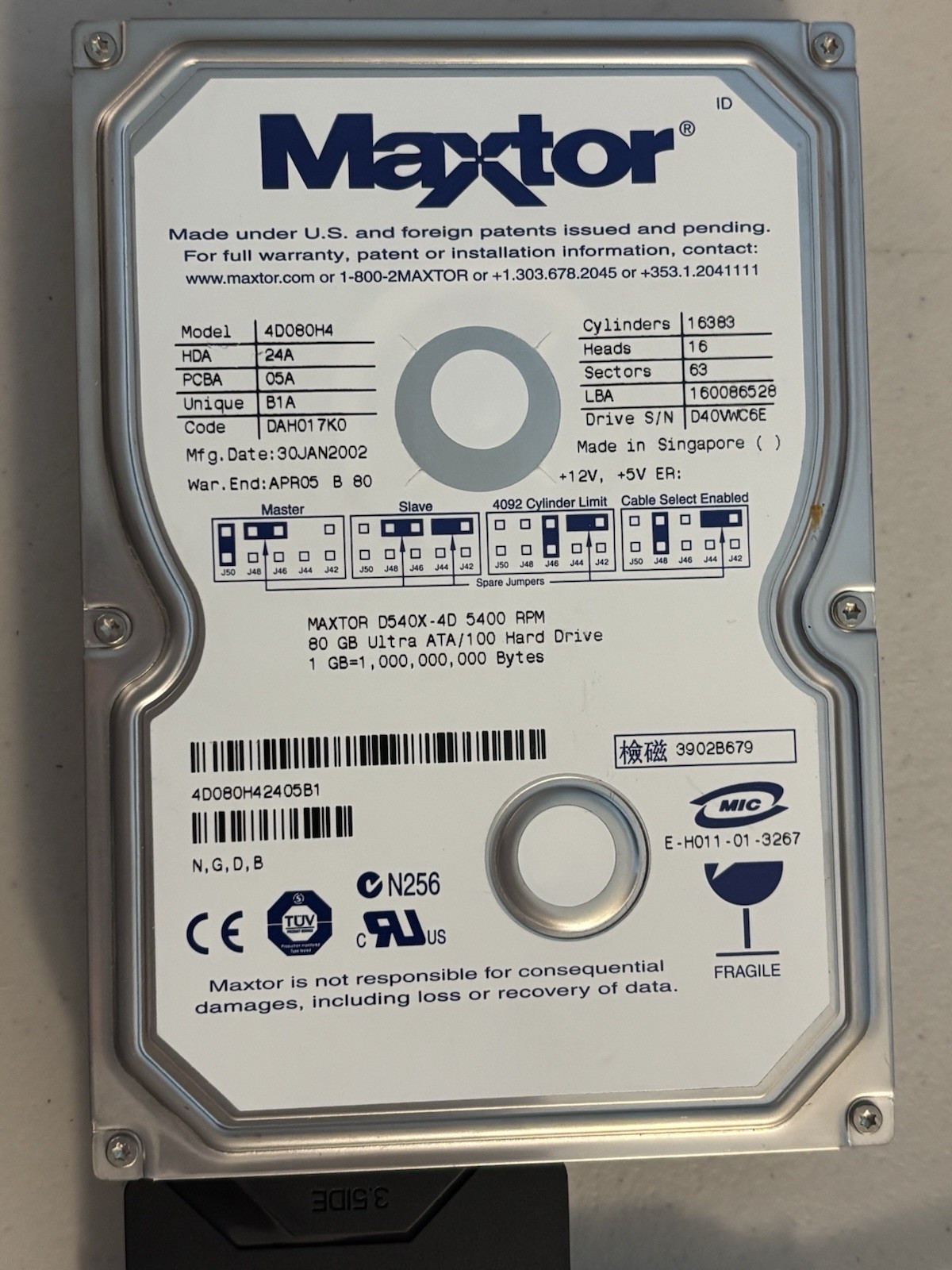 Maxtor 4D080H4 80GB 5400RPM Hard Drive - TESTED See Pics