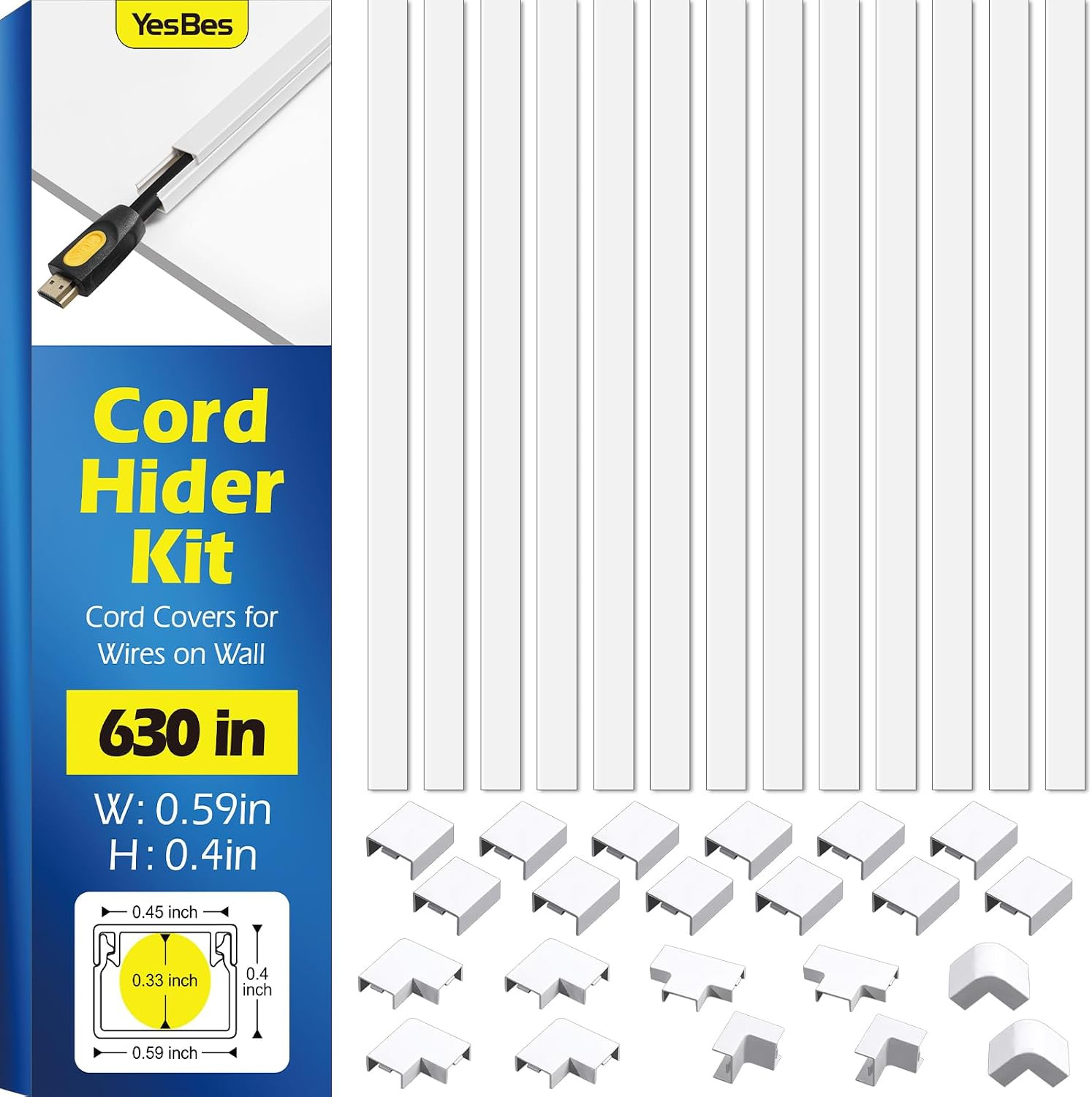 630In Cord Hider Kit, Cord Covers for Wires on Wall, Cord Hider for Wall Mount T