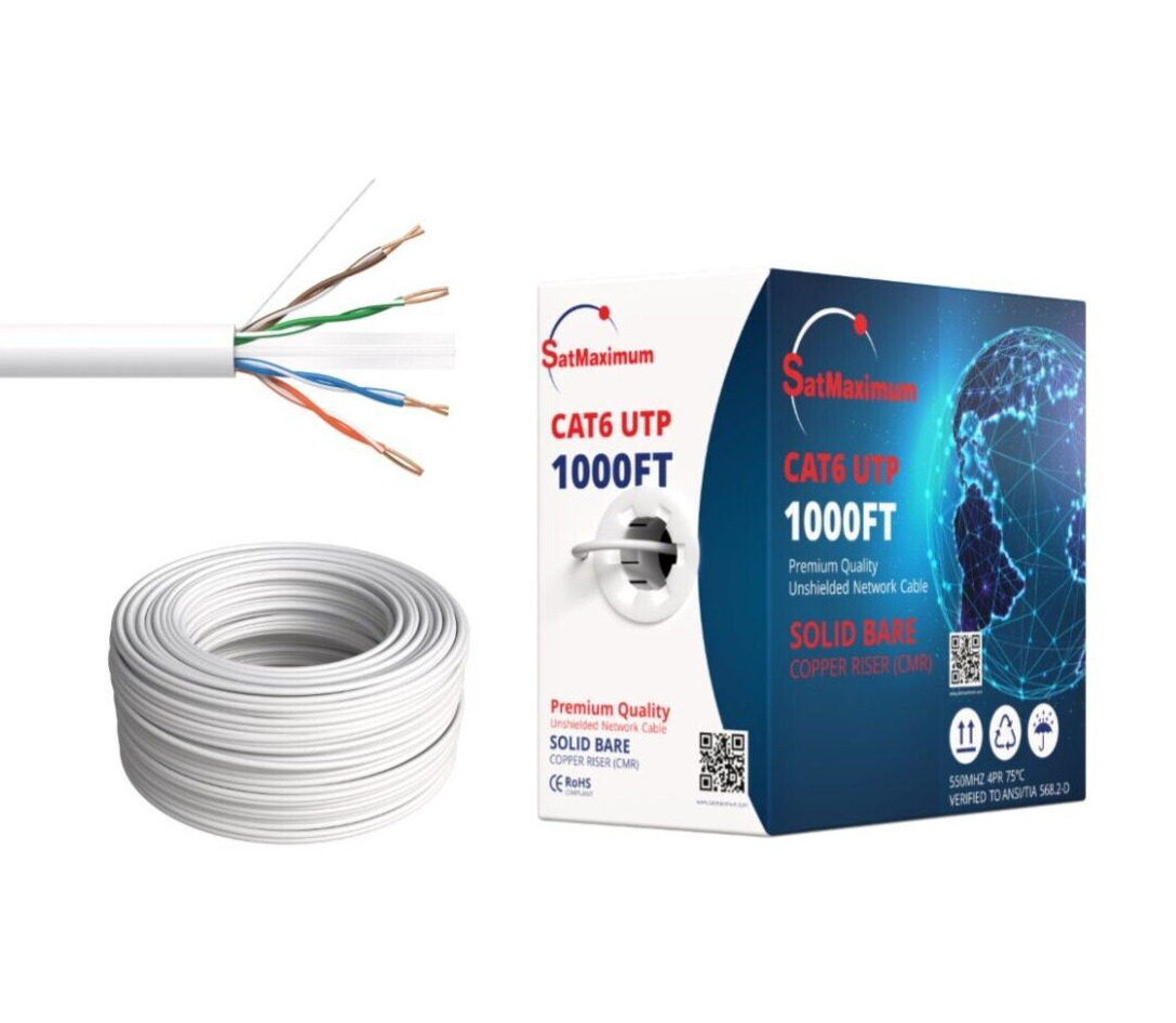 1000ft Cat6 CMR Riser Ethernet Cable 23AWG Solid Bare Copper UTP Wire White