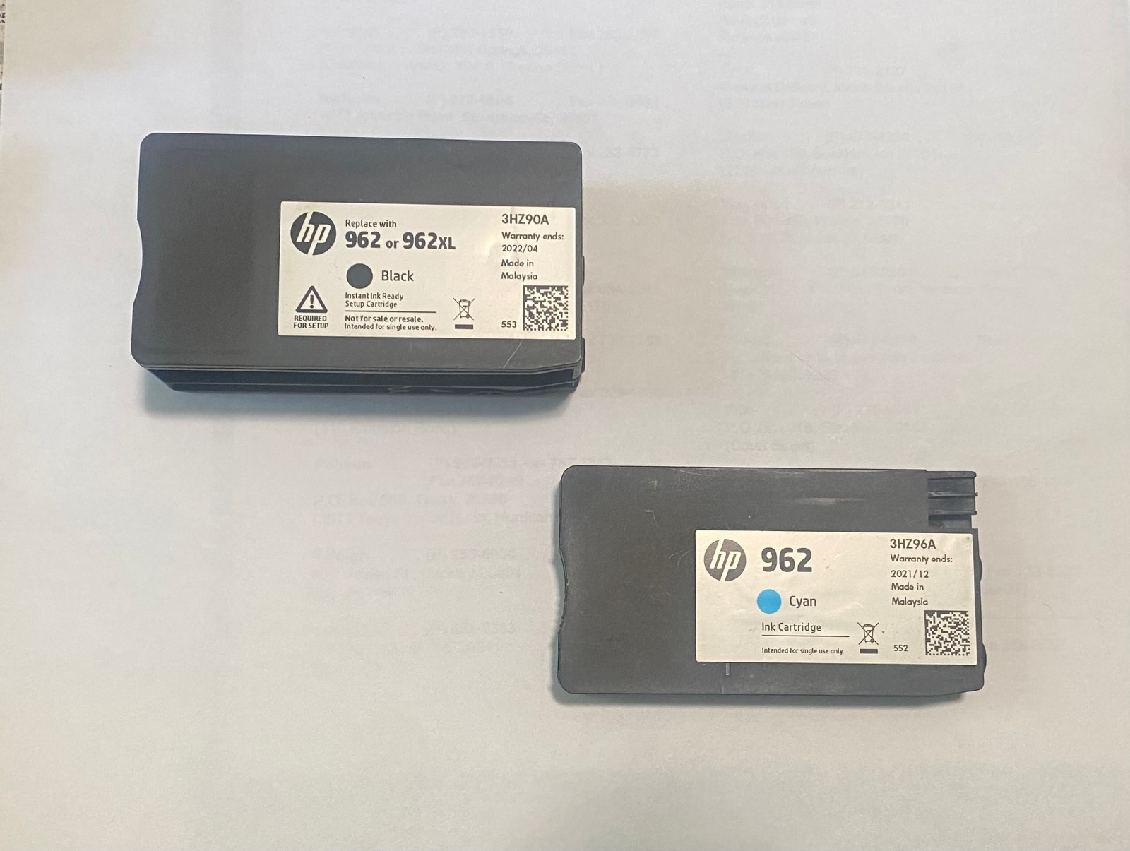 HP ink #962 xl black and #962 cyan empty cartridges 