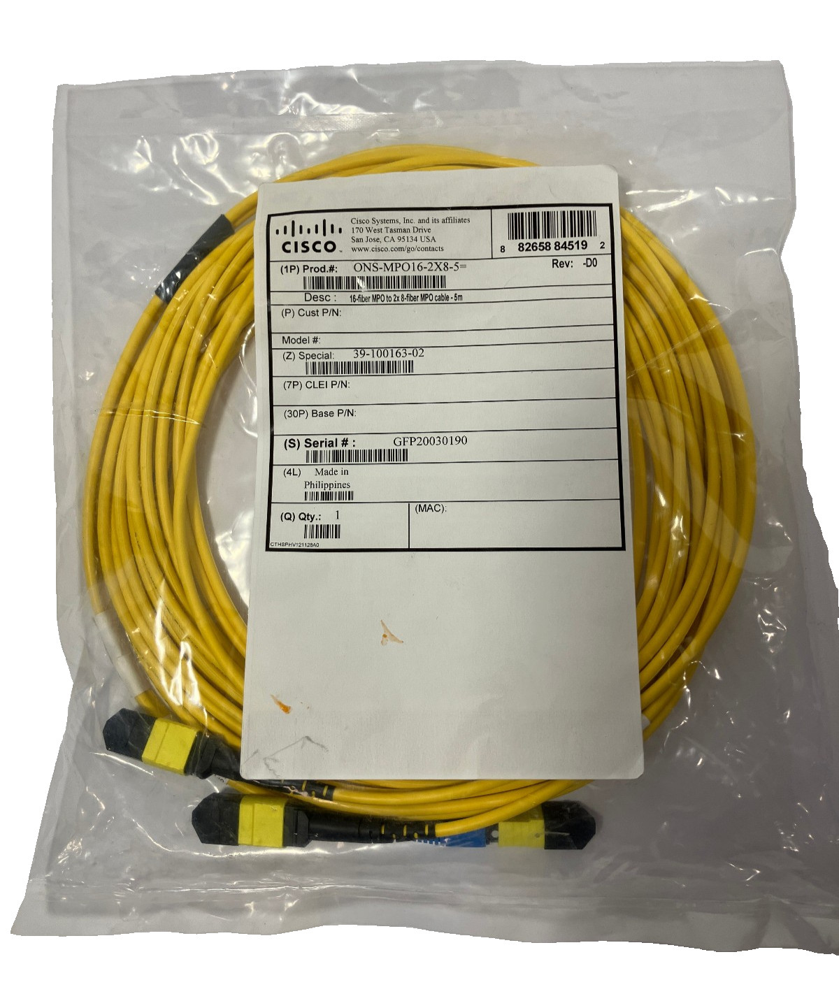 Cisco ONS-MPO16-2X8-5= 16-Fiber MPO to 2x 8-Fiber MPO Cable 5M Genuine OEM NEW
