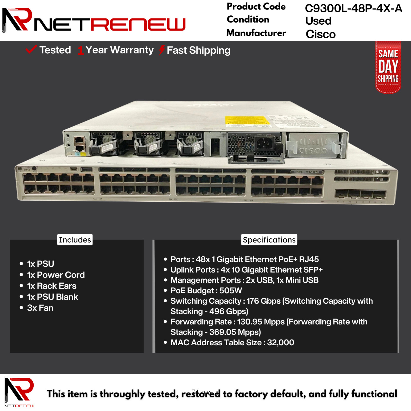 Cisco C9300L-48P-4X-A  Catalyst 9300L  4x10G Uplink   48 Port PoE+ Switch
