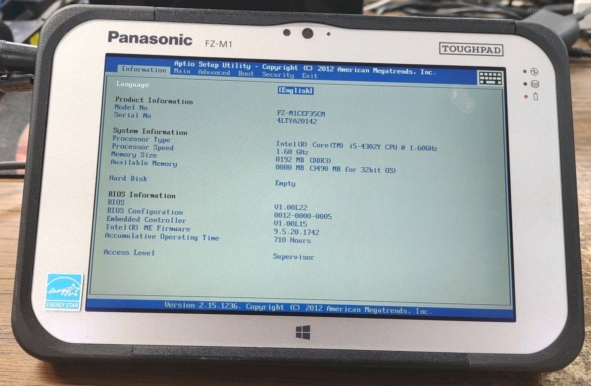 Panasonic ToughPad FZ-M1 W/ i5-4302Y 1.60GHz, 8GB. No SSD 