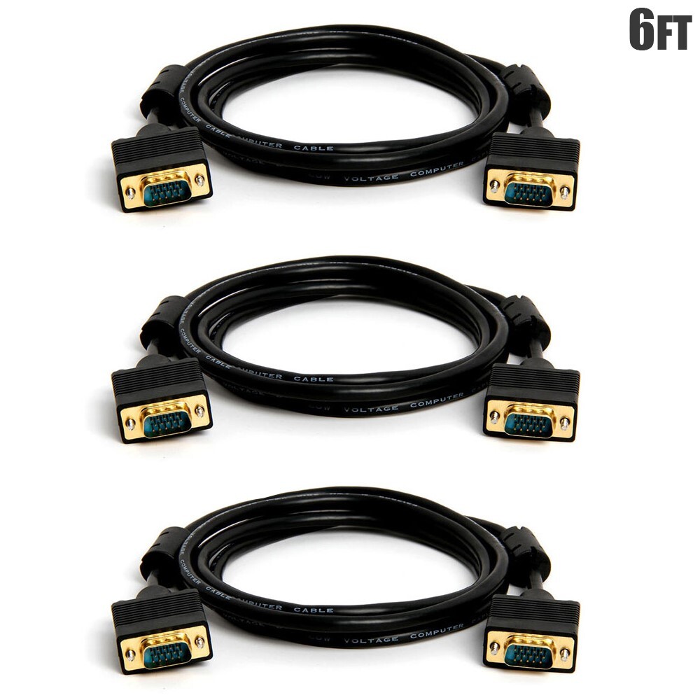 3 Pcs 6FT VGA SVGA HD15 Male to Male PC Monitor Video Cable Gold Plated Black