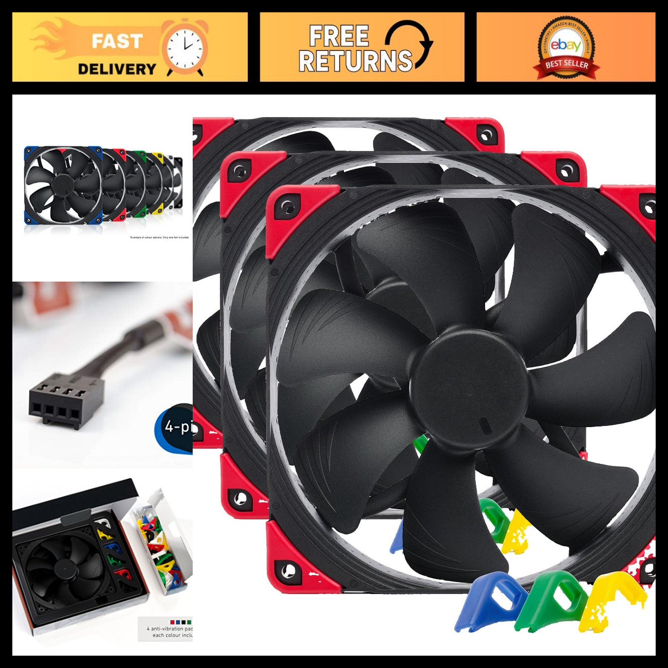140mm Quiet PWM Fan - High Airflow, Low Noise, 4-Pin, Black - Pack of 3