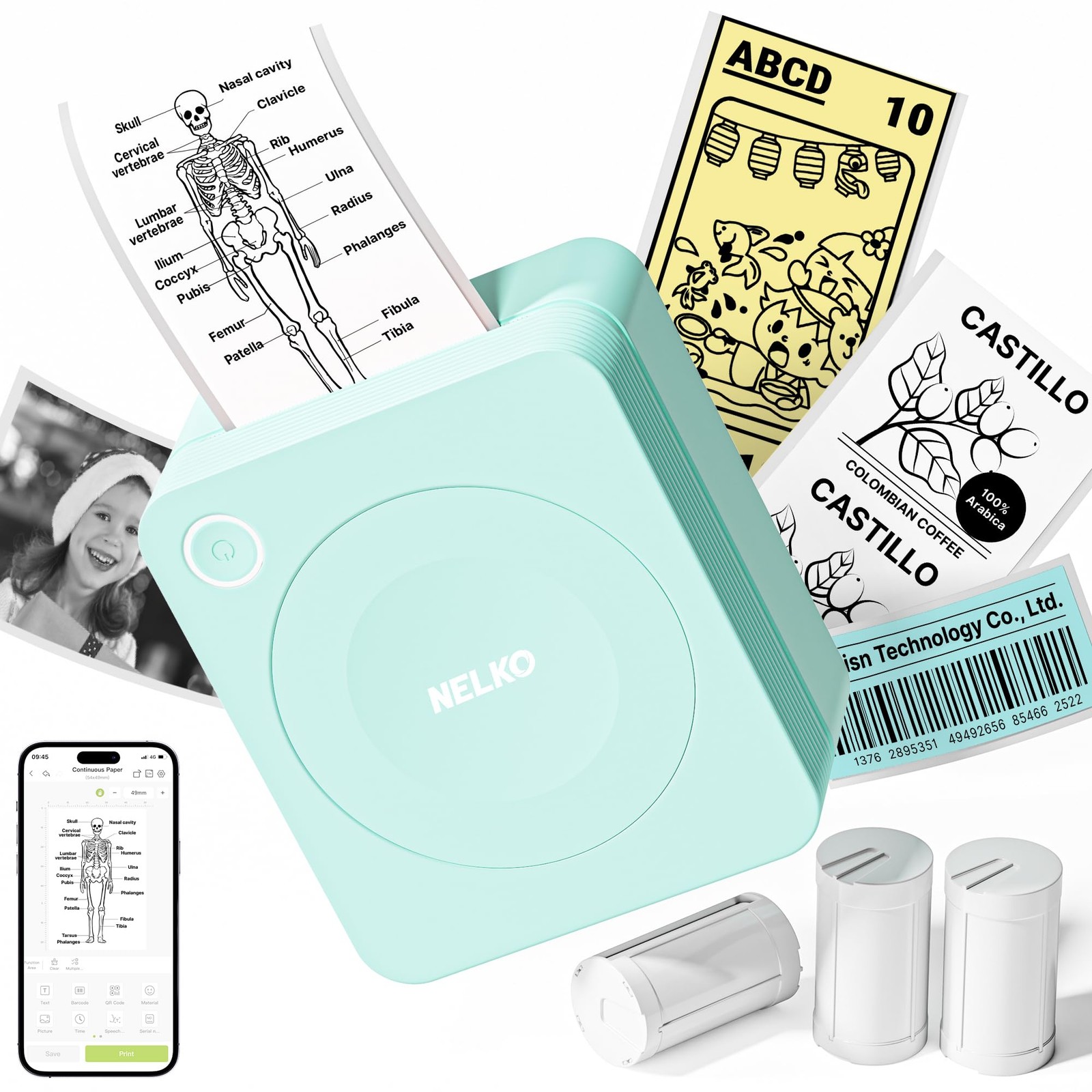 Nelko PM230 Mini Bluetooth Sticker Printer Black and White with Custom Labels