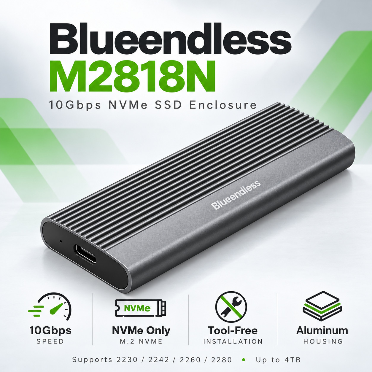Blueendless USB-C M.2 NVMe SSD Drive Enclosure, 10Gbps, Aluminum Case, Tool-Free