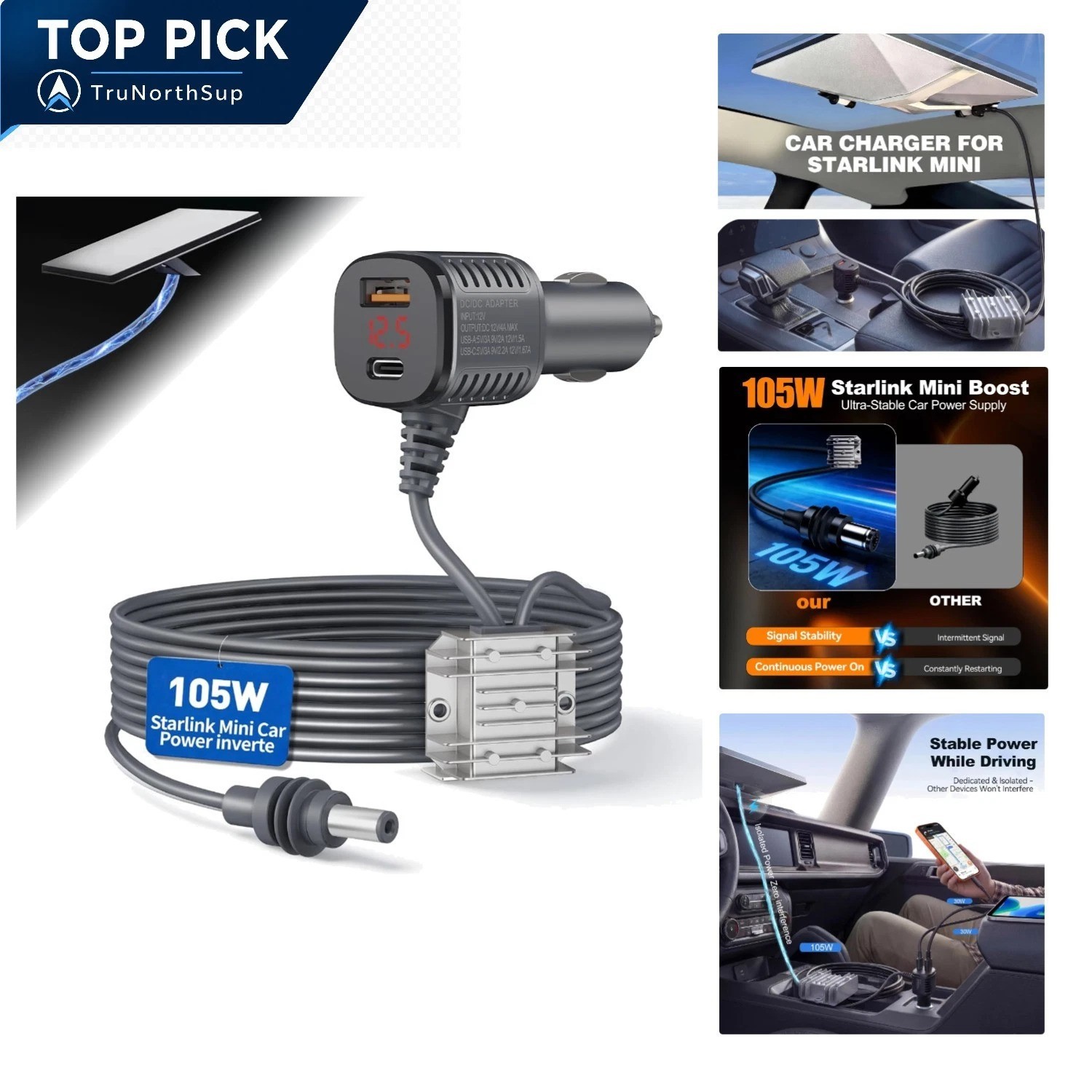 105W Starlink Mini Car Adapter with Digital Display 12V-24V DC Power Cable fo...