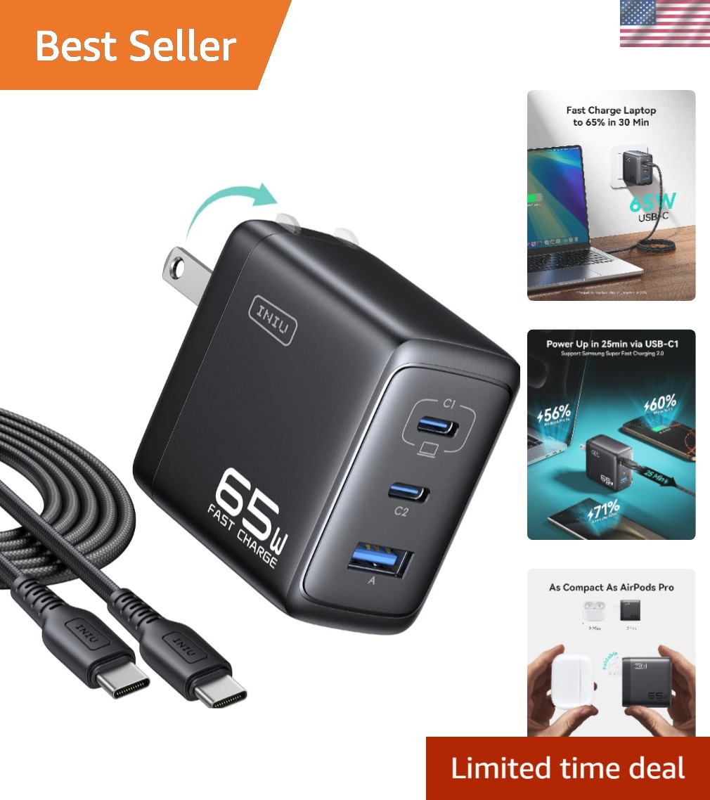 65W Multiport USB-C Fast Charger with 100W Cable - Ultra-Compact & Portable