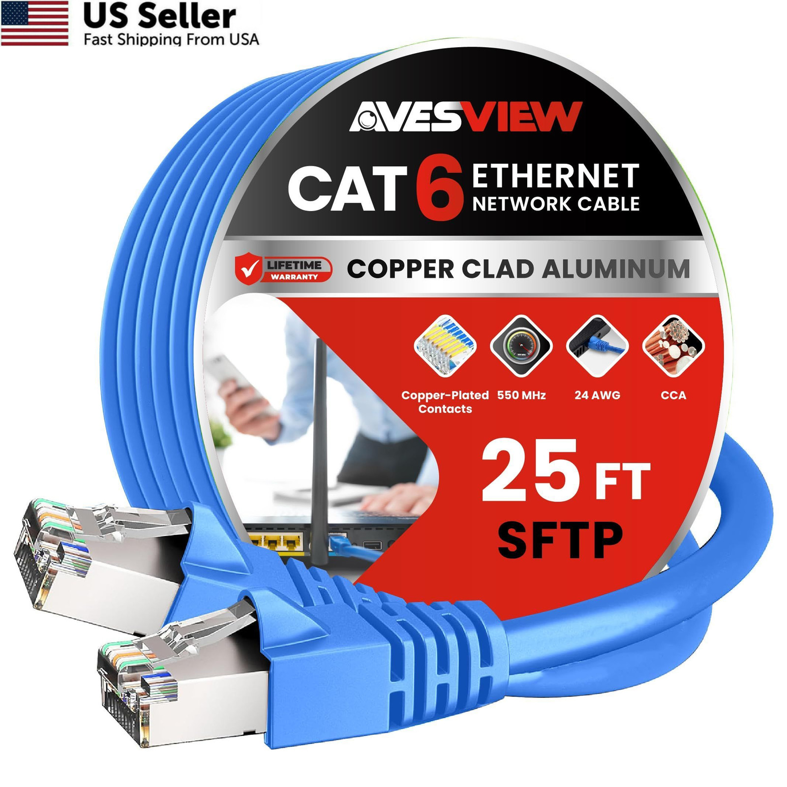 AvesView CAT 6 Shielded Ethernet Cable 25FT, Indoor High-Speed Blue 
