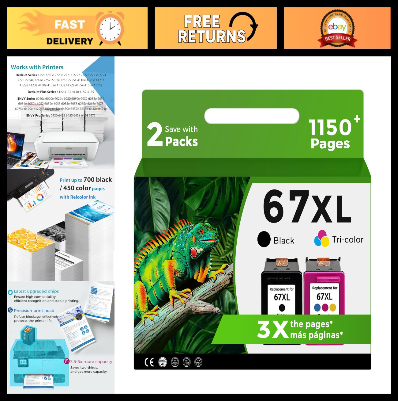 High-Quality 67XL Ink Cartridges Combo Pack - Black & Color for HP Printers
