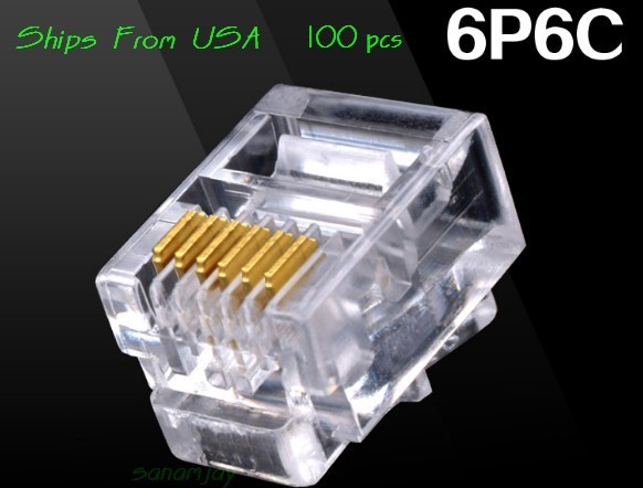100pcs RJ12 RJ11 6P6C Modular Plug DSL Telephone Connector. Gold-plated
