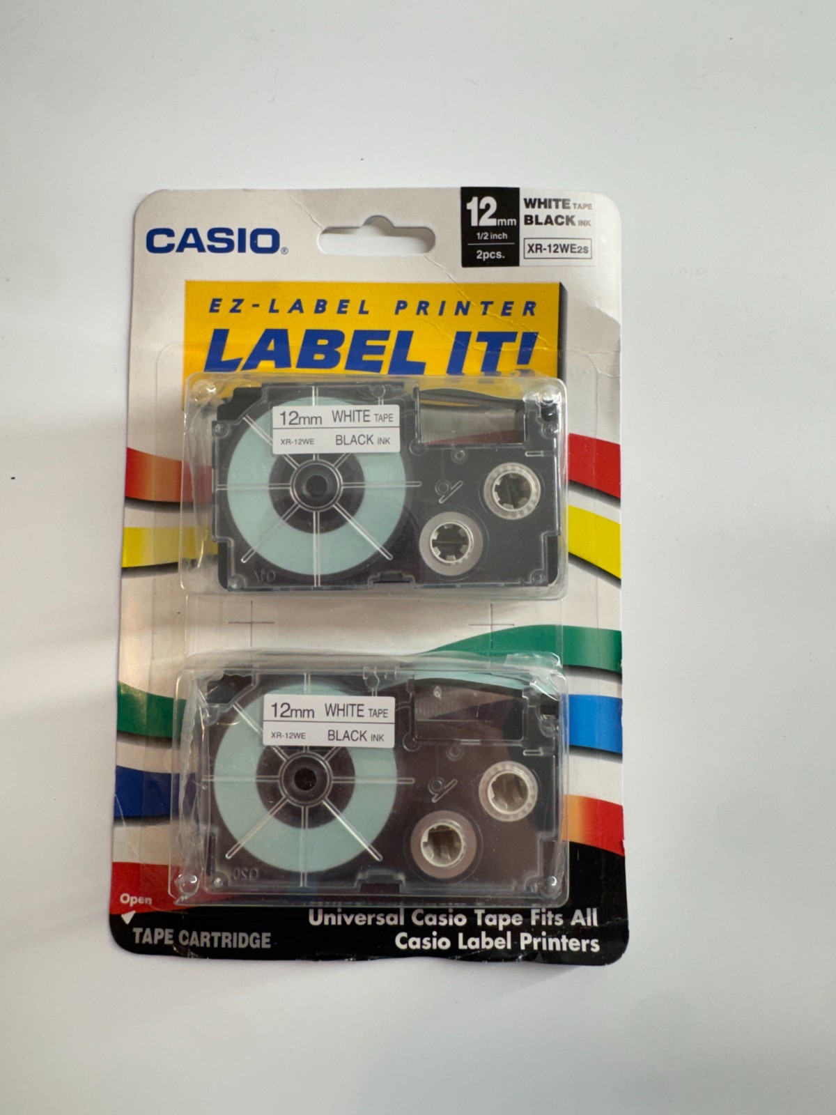 Casio EZ-Label Printer XR-12WE2s- 12mm White Tape Black Ink Label Tape 2pk NIP