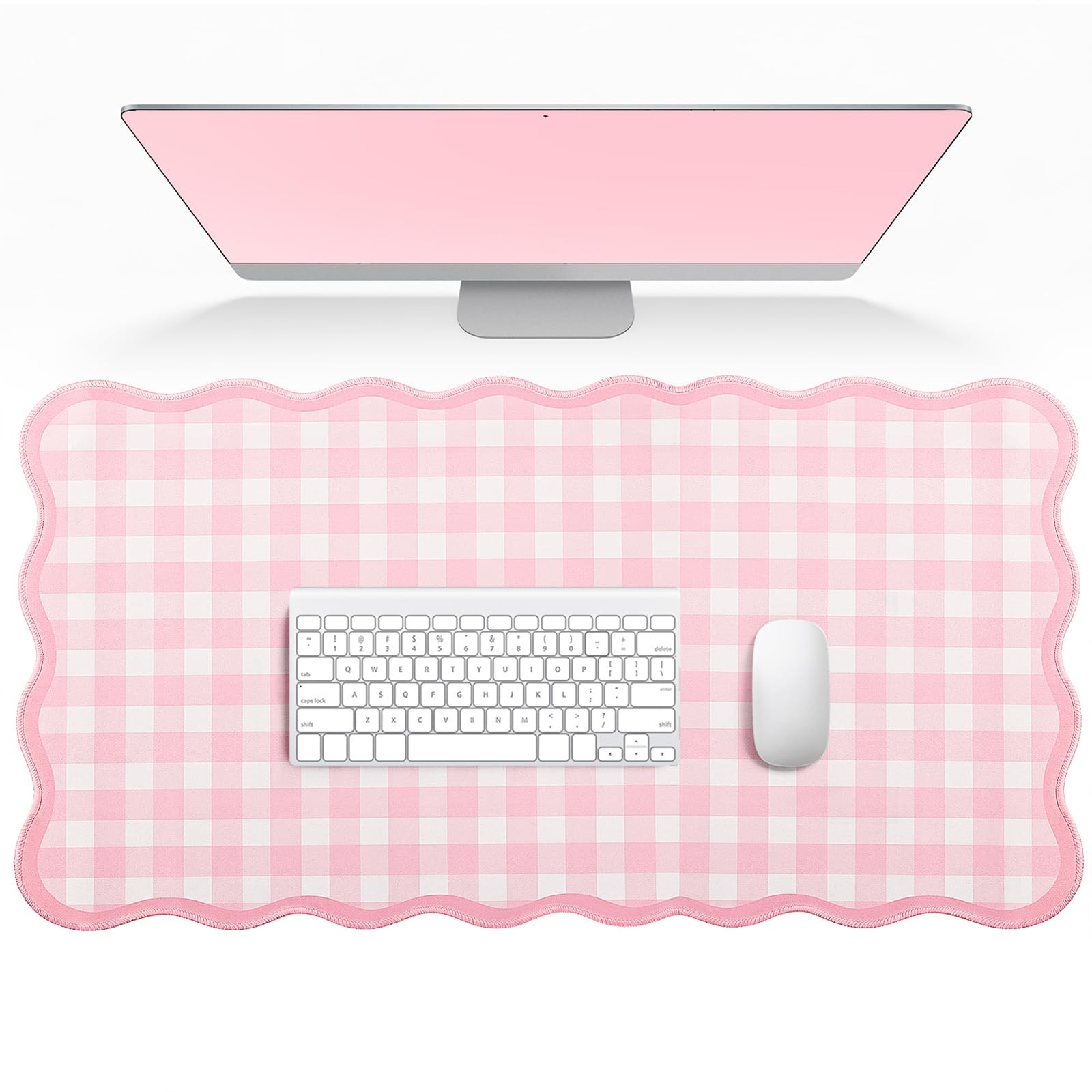 Pink Scalloped Gingham Large Mouse Pad Desk Mat Keyboard Tray Office Accessory