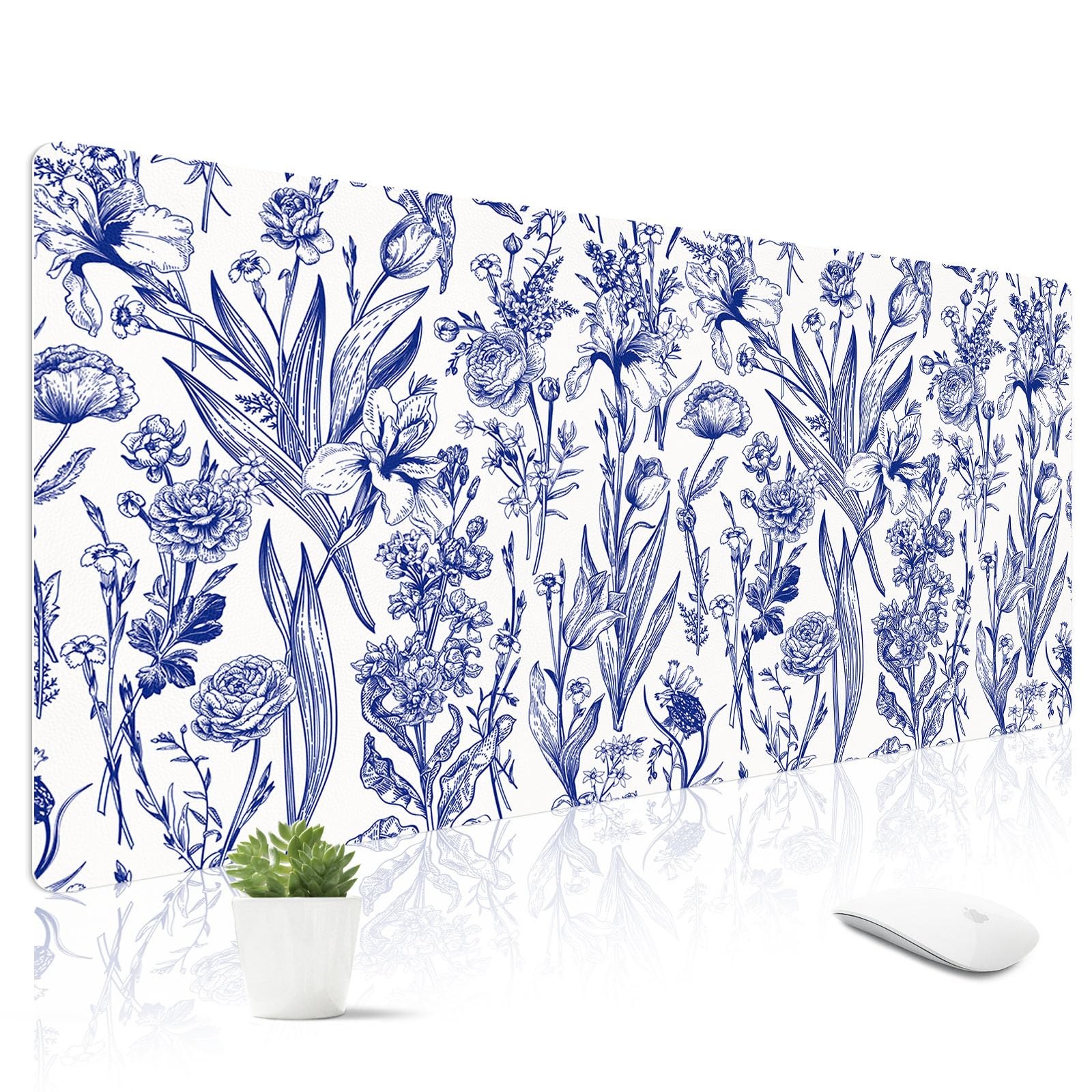 Leather Desk Mat for Keyboard, Extra Large Pad, Blue Flower