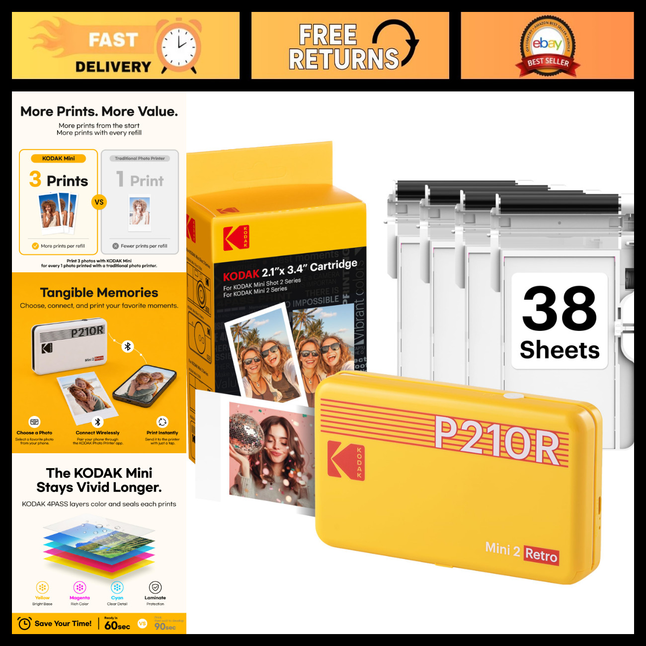 Portable 2x3 Photo Printer, 4PASS Technology, 38 Sheets, Mini Retro Design, Yell