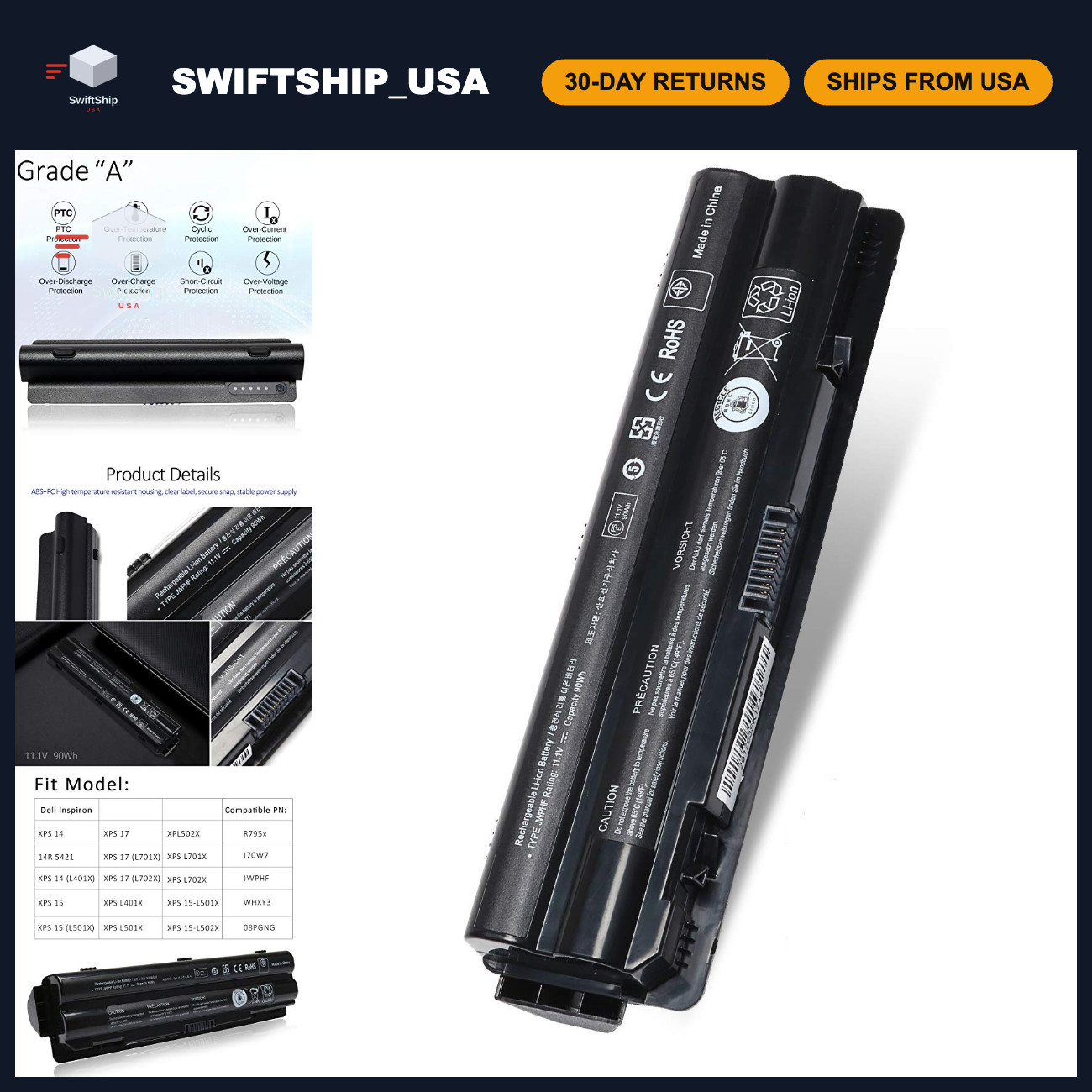 High-Capacity Laptop Battery for Dell XPS 17/14 - 11.1V 90WH, 12-Month Warranty