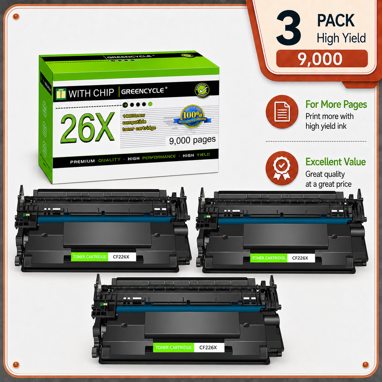 3PK For HP Laserjet M402dw MFP M426fdn High Yield CF226X 26X BK Toner Cartridge
