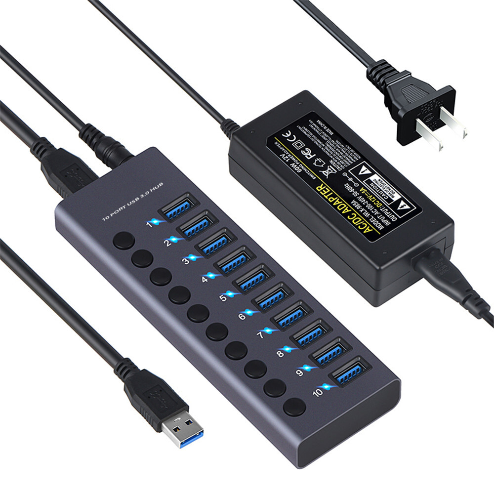 60W Powered 10 Ports 5Gbps USB 3.0 Multi HUB Splitter With Switch For PC Laptop