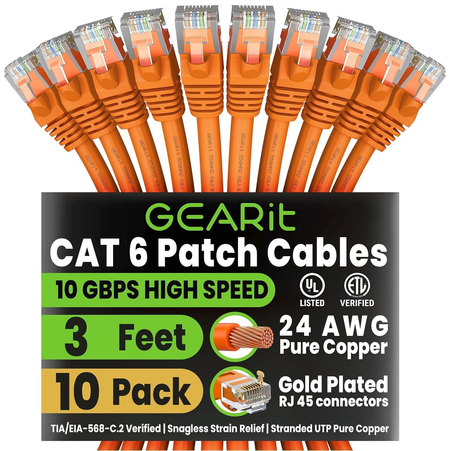 GEARit Cat6 Patch Cables Cat 6 Ethernet Cable 7 ft 10-Pack Orange