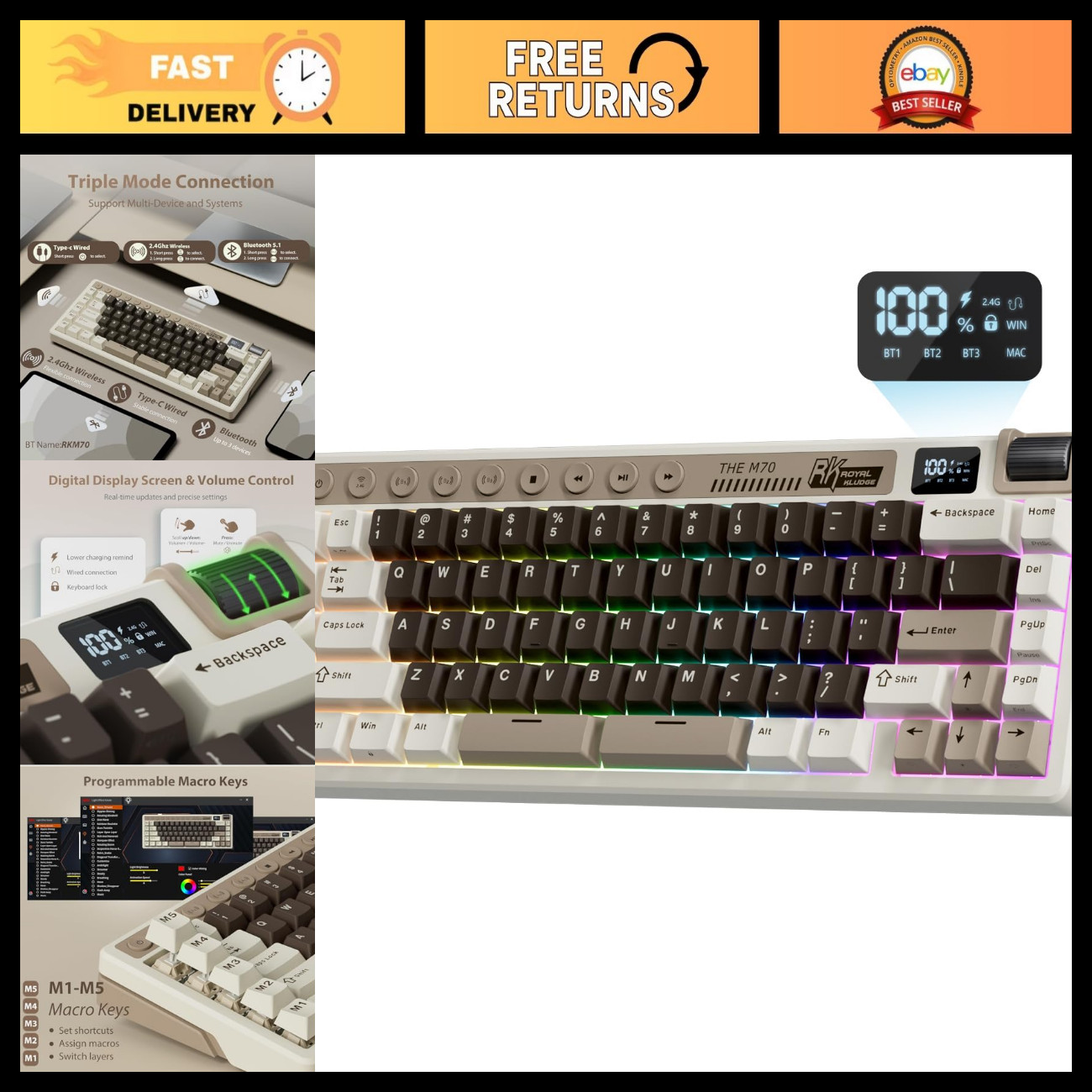 Wireless Mechanical Keyboard with Display & Macro Keys - Gaming & Office Use