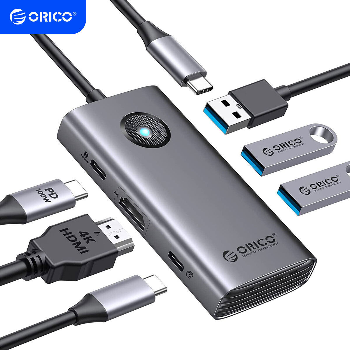 ORICO 6 in 1 USB C Docking Station & HDMI 4K PD100W USB3.0 USB C Hub For Laptop