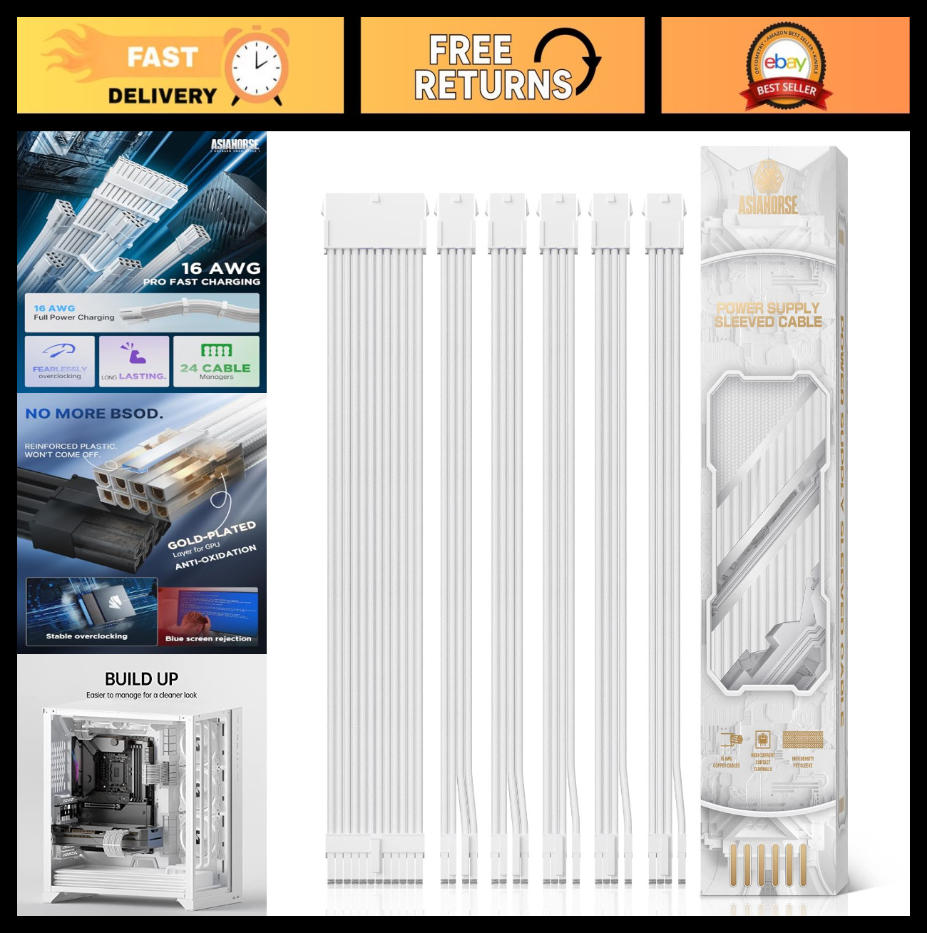 16 AWG PSU Extension Cable Kit - 30cm White Sleeved Cables, 1x24Pin, 2x4+4 EPS,
