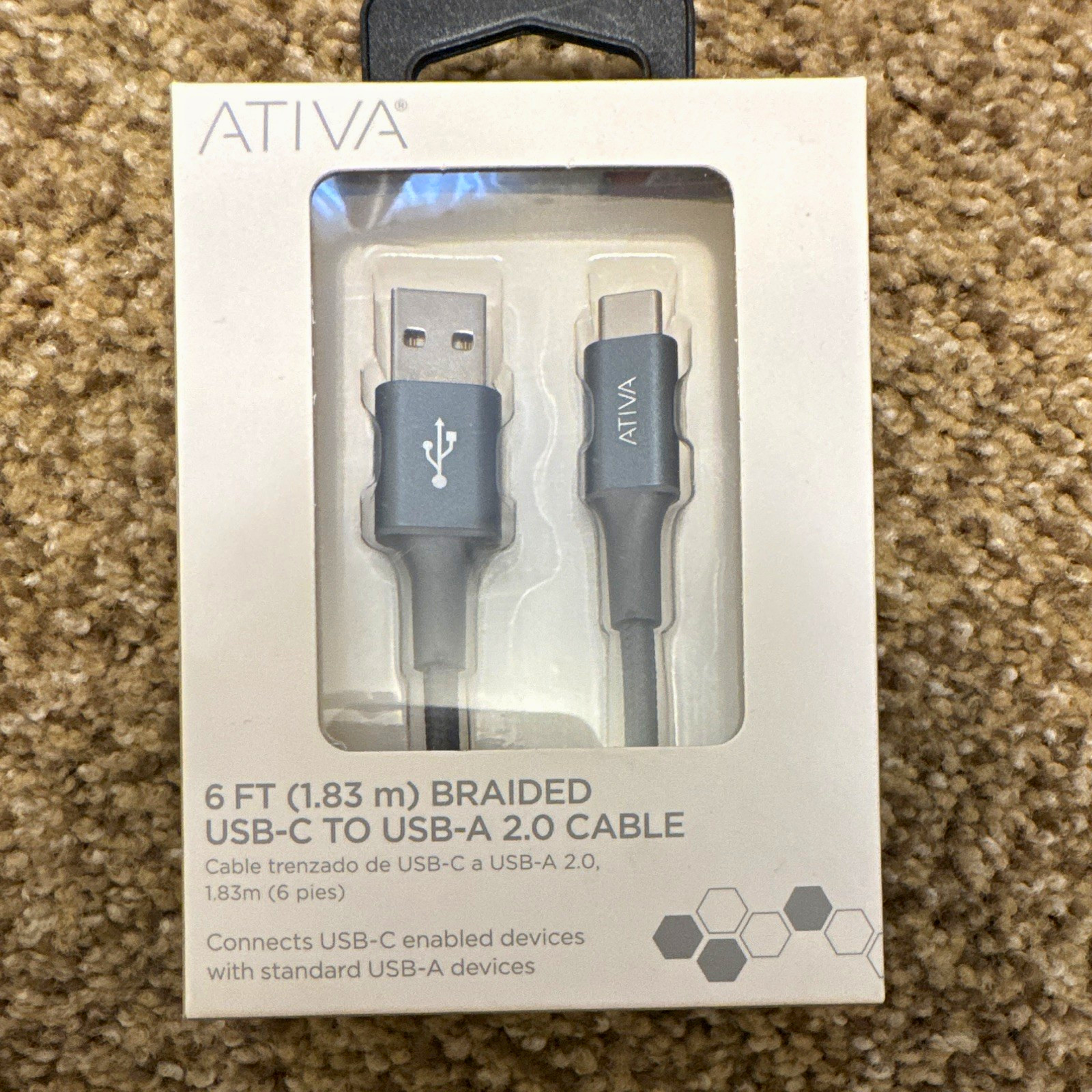 Ativa 6 ft Braided Tangle-Resistant USB-C to USB-A USB 2.0 Cable Black