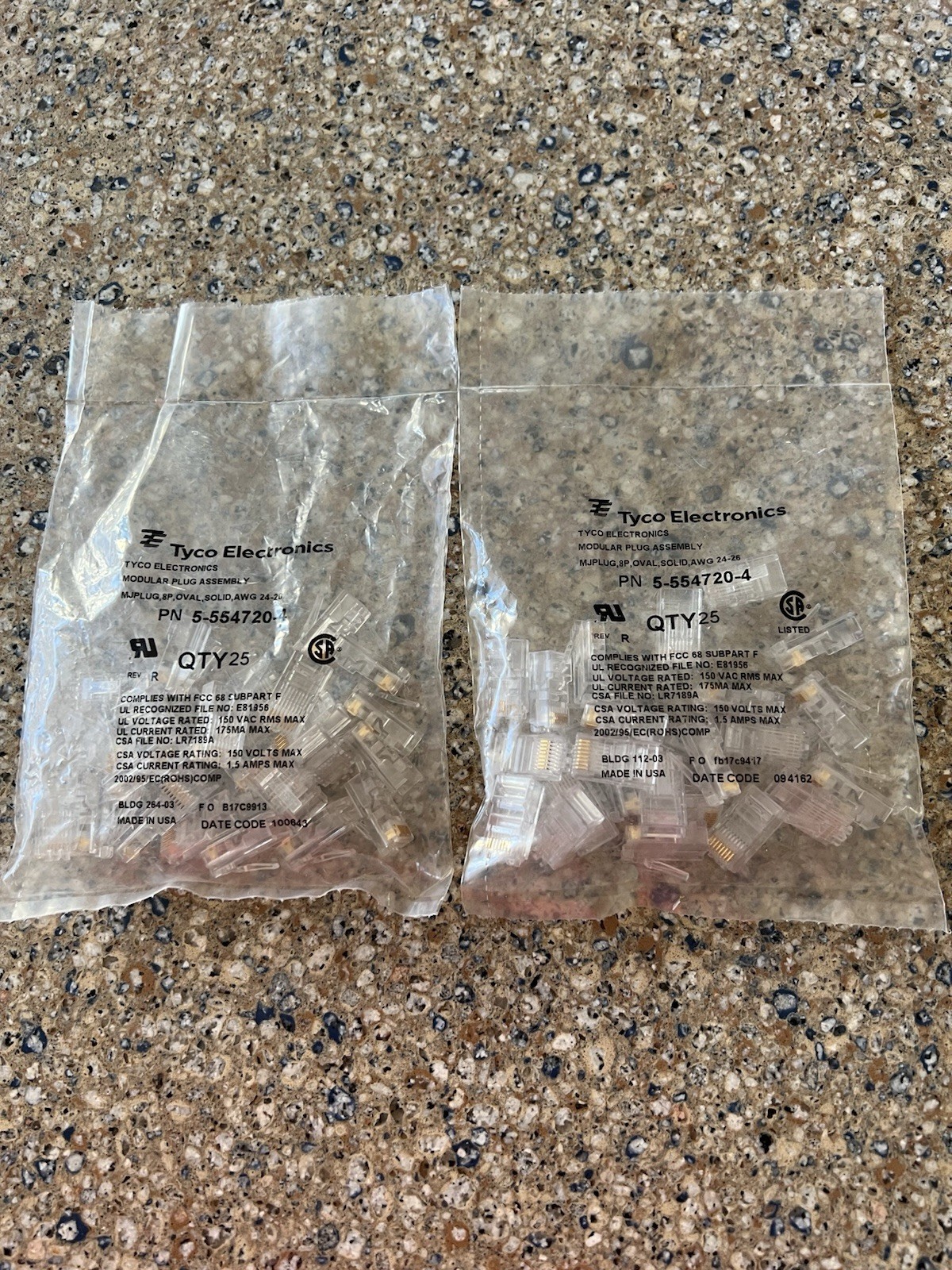 TYCO ELECTRONICS NEW 2 BAGS RJ45 Connectors 25 Pcs In EACH BAG (total 50 Pcs)