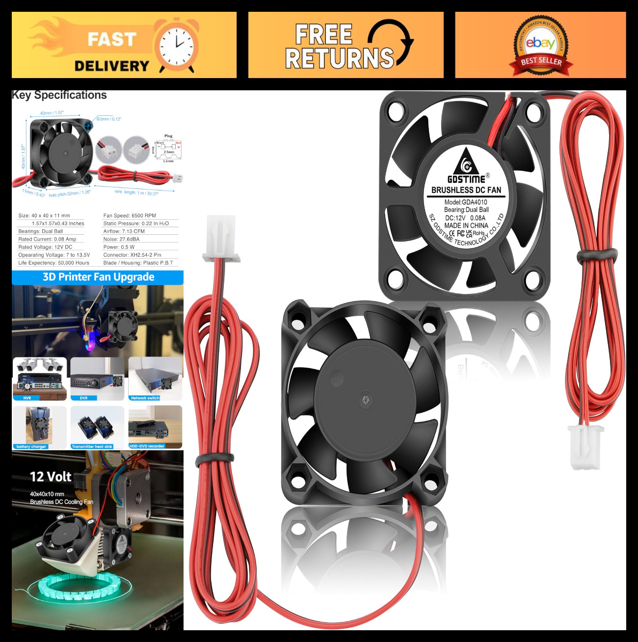 2Pcs 40mm 12V DC Brushless Mini Cooling Fans, Dual Ball Bearing, 4010, 39" Cable