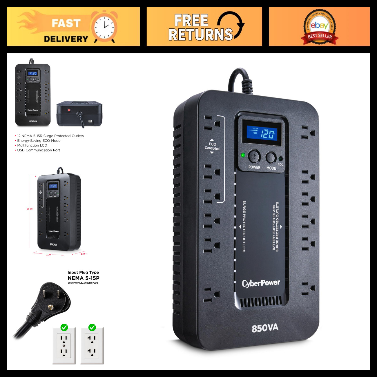 850VA UPS Battery Backup & Surge Protector, Eco-Friendly, LCD Display, Compact D